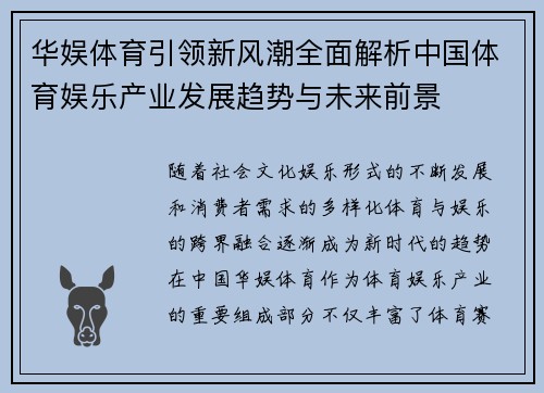 华娱体育引领新风潮全面解析中国体育娱乐产业发展趋势与未来前景