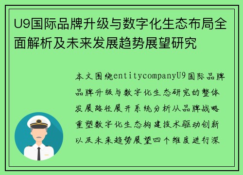 U9国际品牌升级与数字化生态布局全面解析及未来发展趋势展望研究