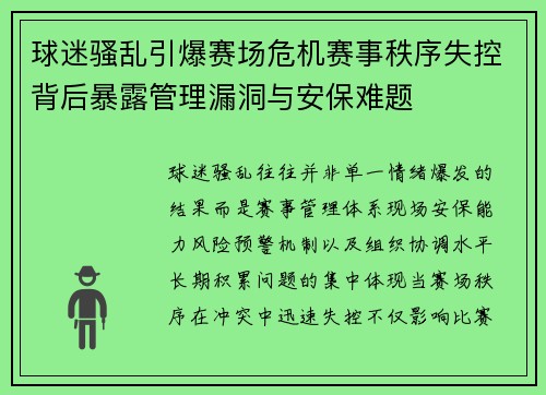 球迷骚乱引爆赛场危机赛事秩序失控背后暴露管理漏洞与安保难题
